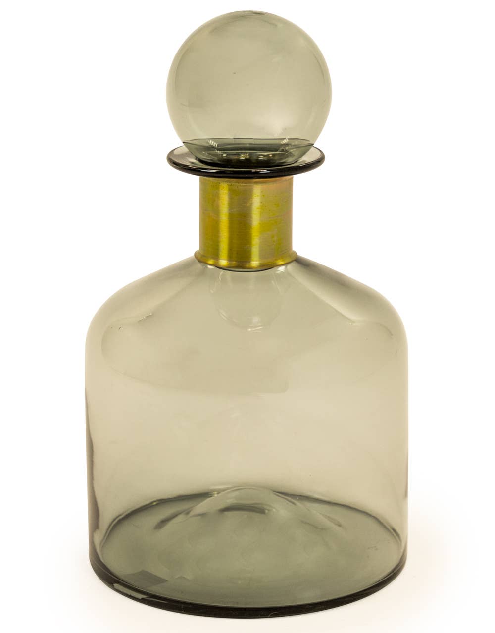 Large Wide Smoke Grey Glass Apothecary Bottle with Brass Neck