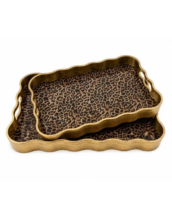 Set Of 2 Brushed Gold Leopard Print Serving Trays